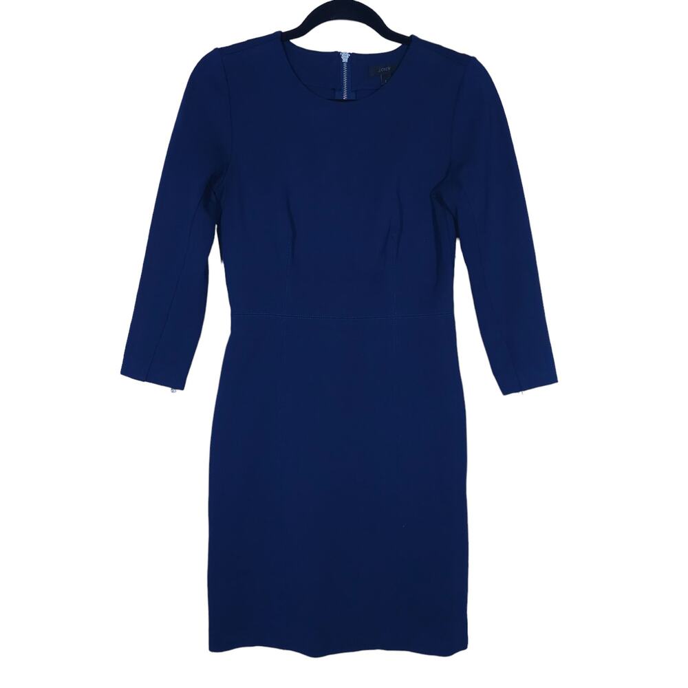J.Crew Womens Dress 2 Blue Stretch Knit 3/4 Sleeves Zipper Cuffs Classic Work